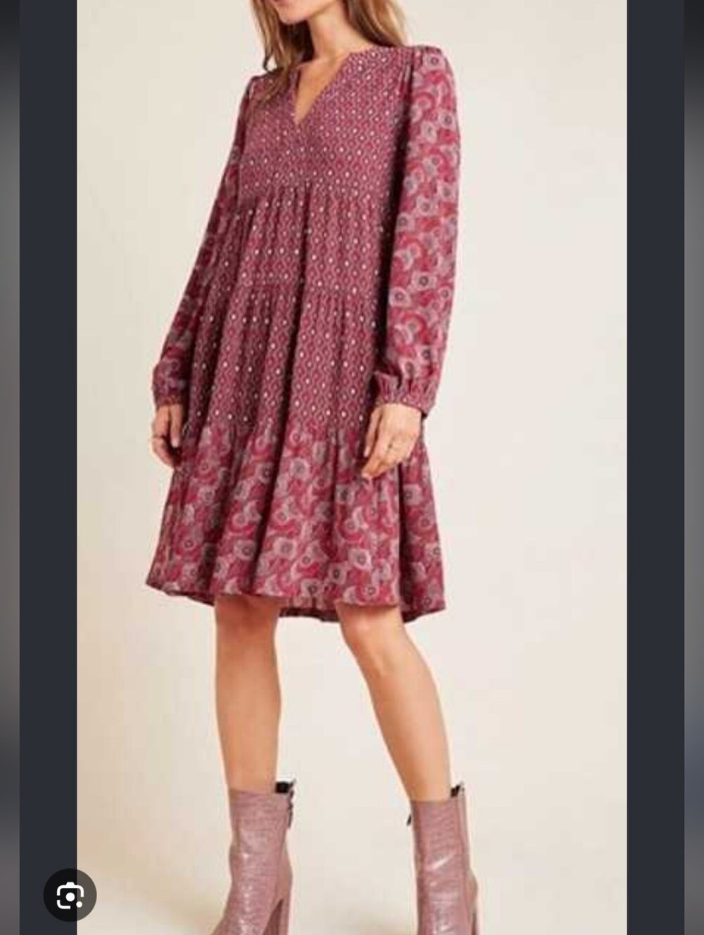37.Maeve Anthropologie Burgundy and Pink Geometric Print Dress
